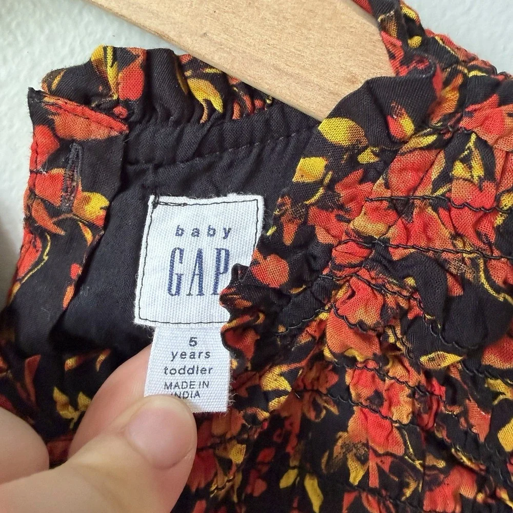 Gap Kids Girls Black Orange Fall Floral Puff Sleeve Smocked Babydoll Dress Sz 5T